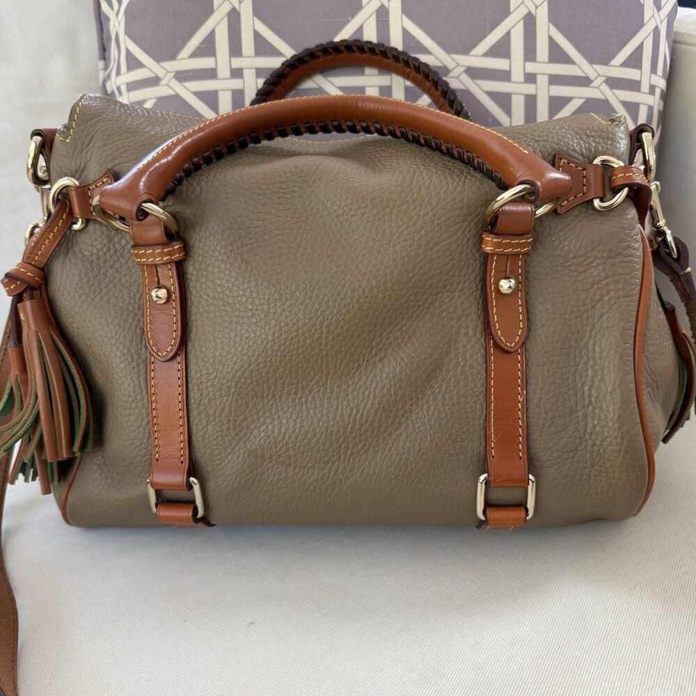 Dooney Bourke Florentine Vachetta Trim Pebble Leather Taupe Tan Satchel - Picture 2 of 10